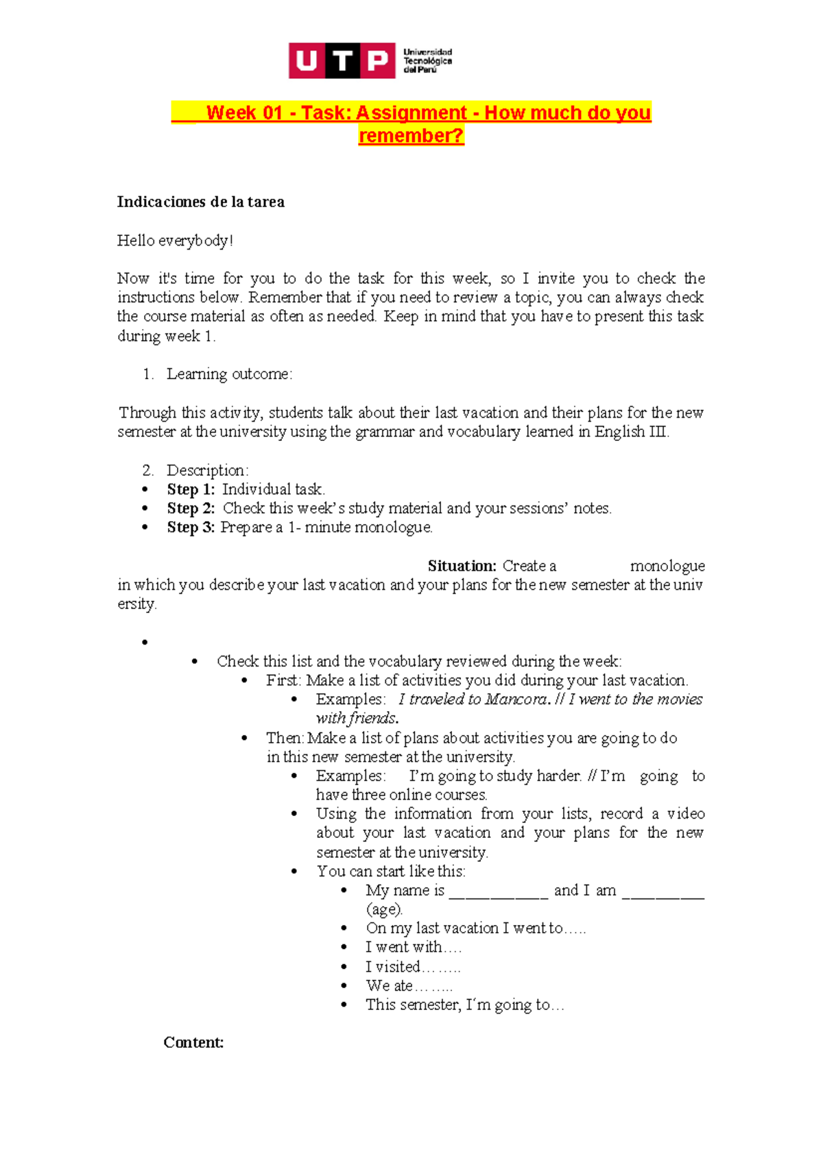 🔴 Week 01 - Task Assignment: Monologue on Vacations & Plans - Inglés 4 ...