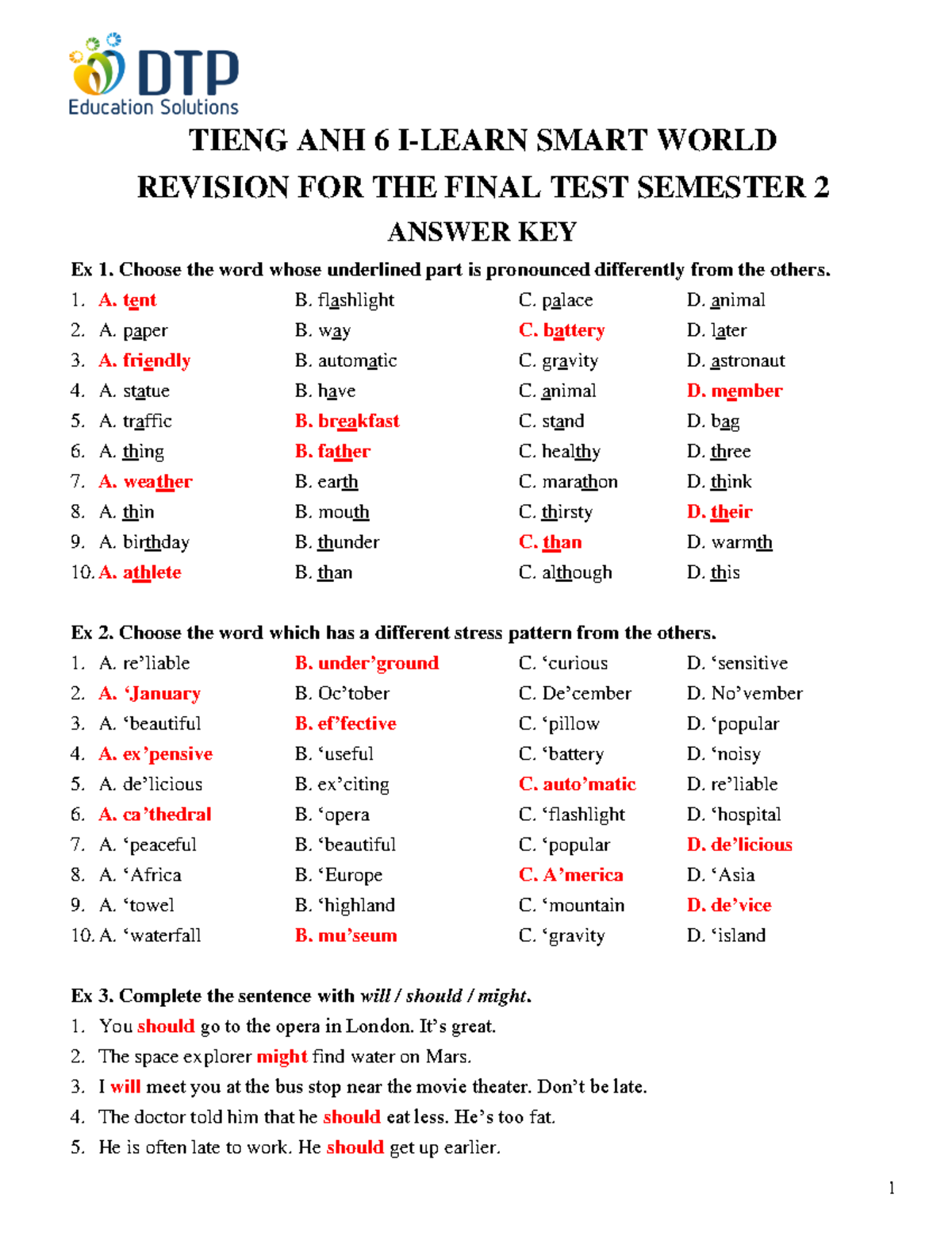 TIENG ANH 6 SMART WORLD FINAL EXAM REVIEW SEMESTER 2 ANSWER KEY - Studocu