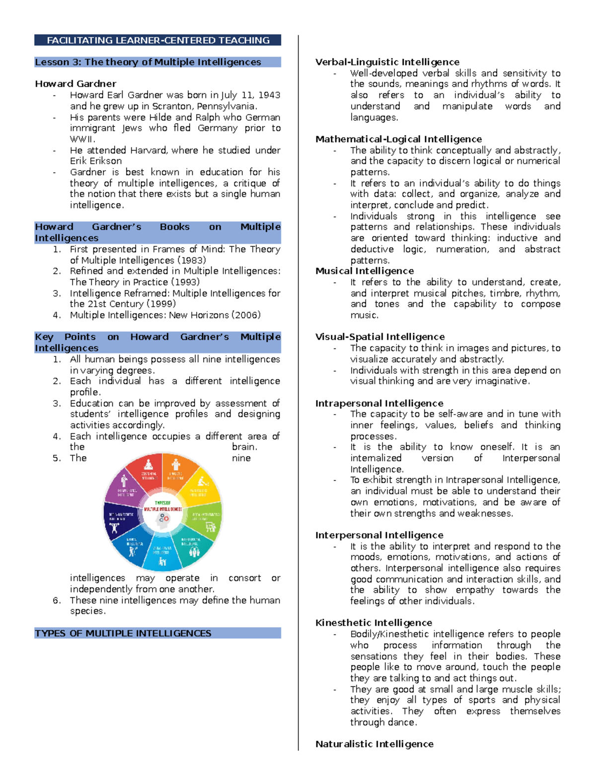Facilitating Learner-Centered Teaching: Week 4 Insights on MI Theory ...