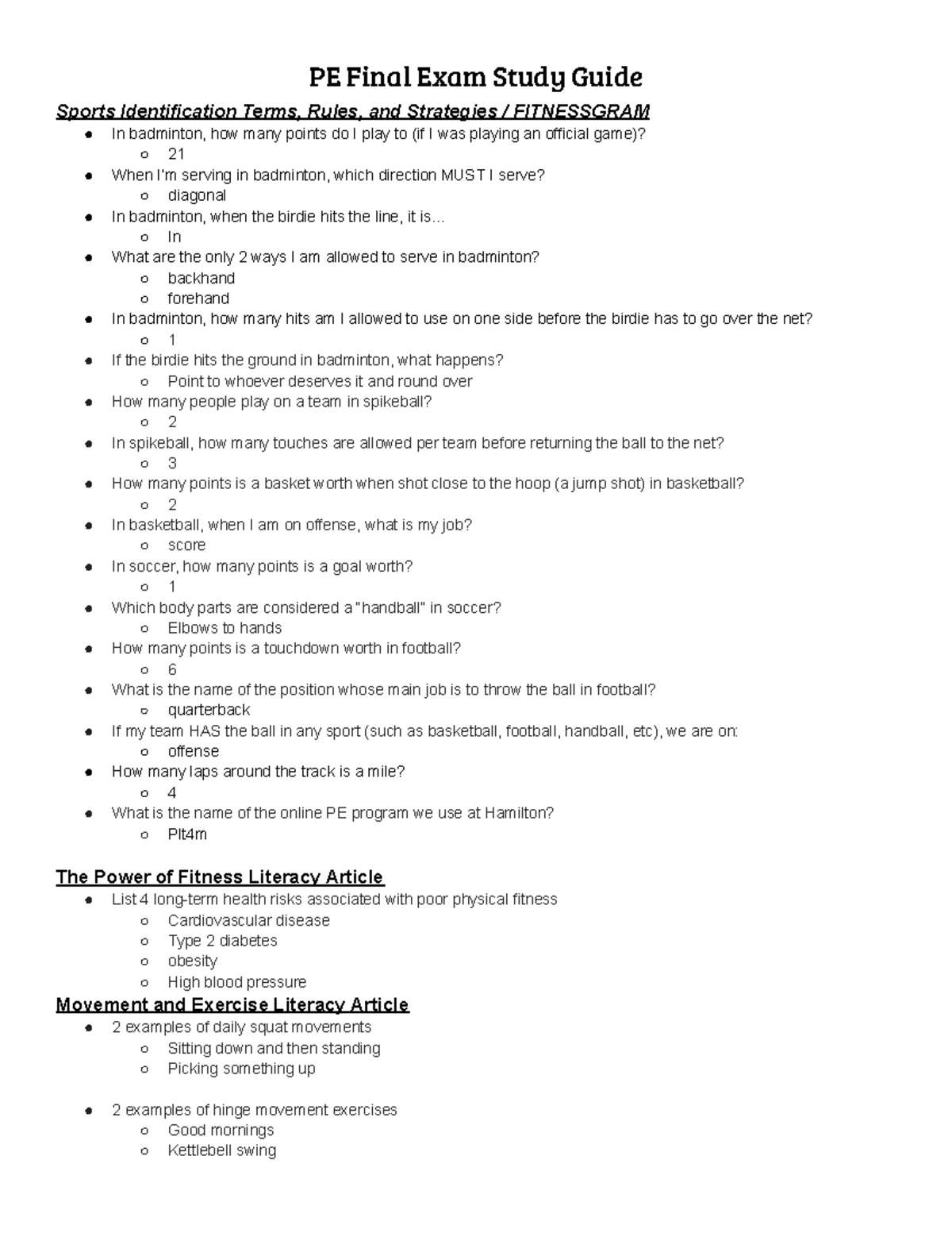 Fall 25 - PE Final Exam Study Guide: Sports Terms & Fitness Concepts ...