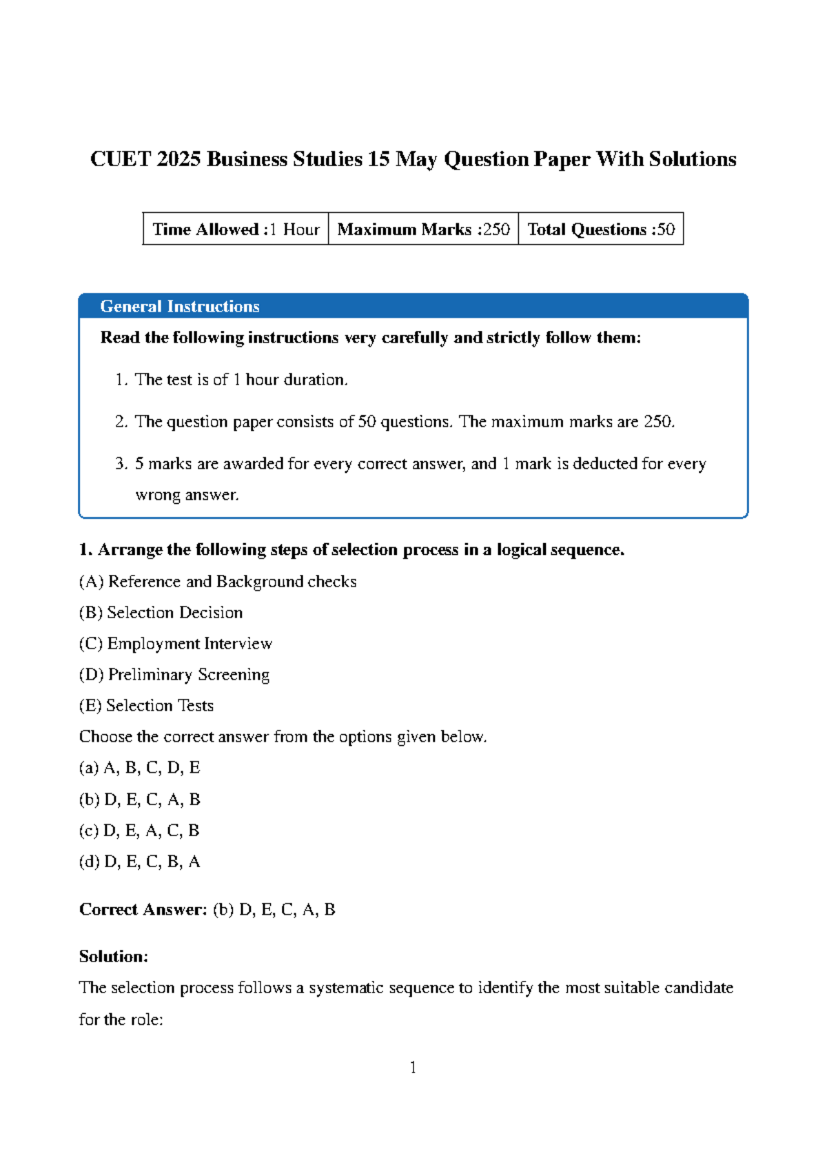 CUET 2025 Business Studies 15 May Question Paper Solutions - Studocu