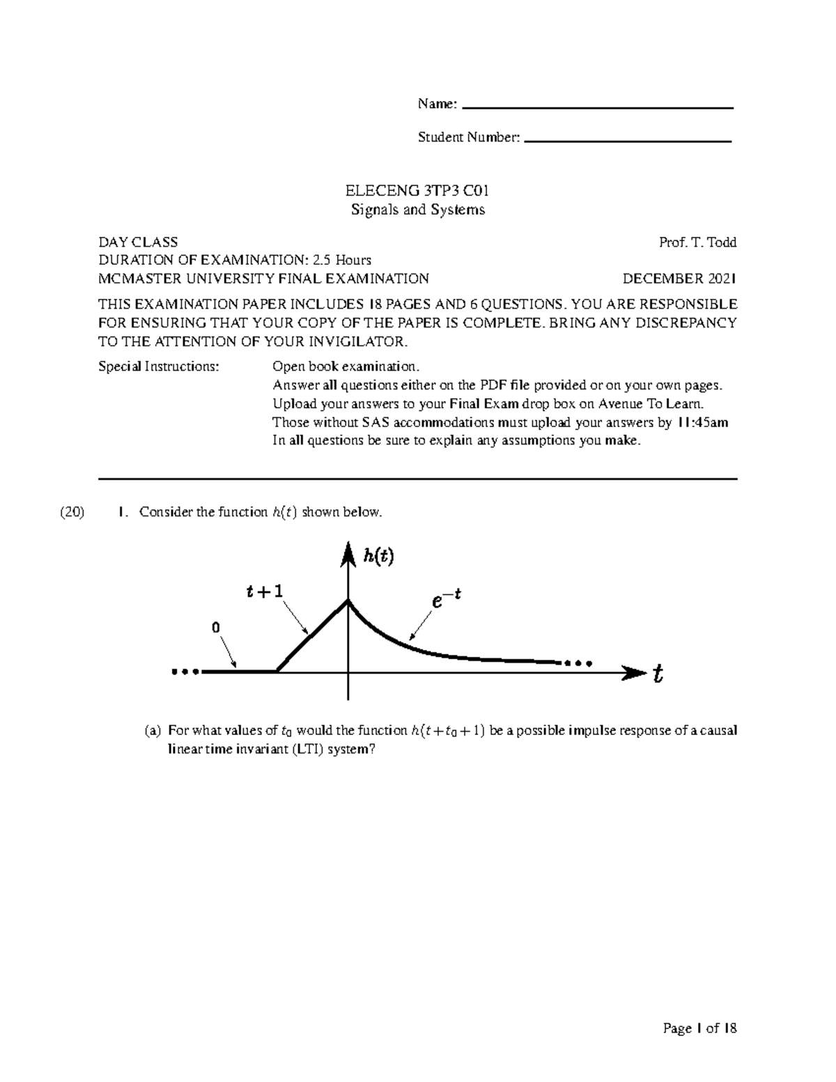 ELECENG 3TP3 Final Exam - Signals and Systems December 2021 - Studocu