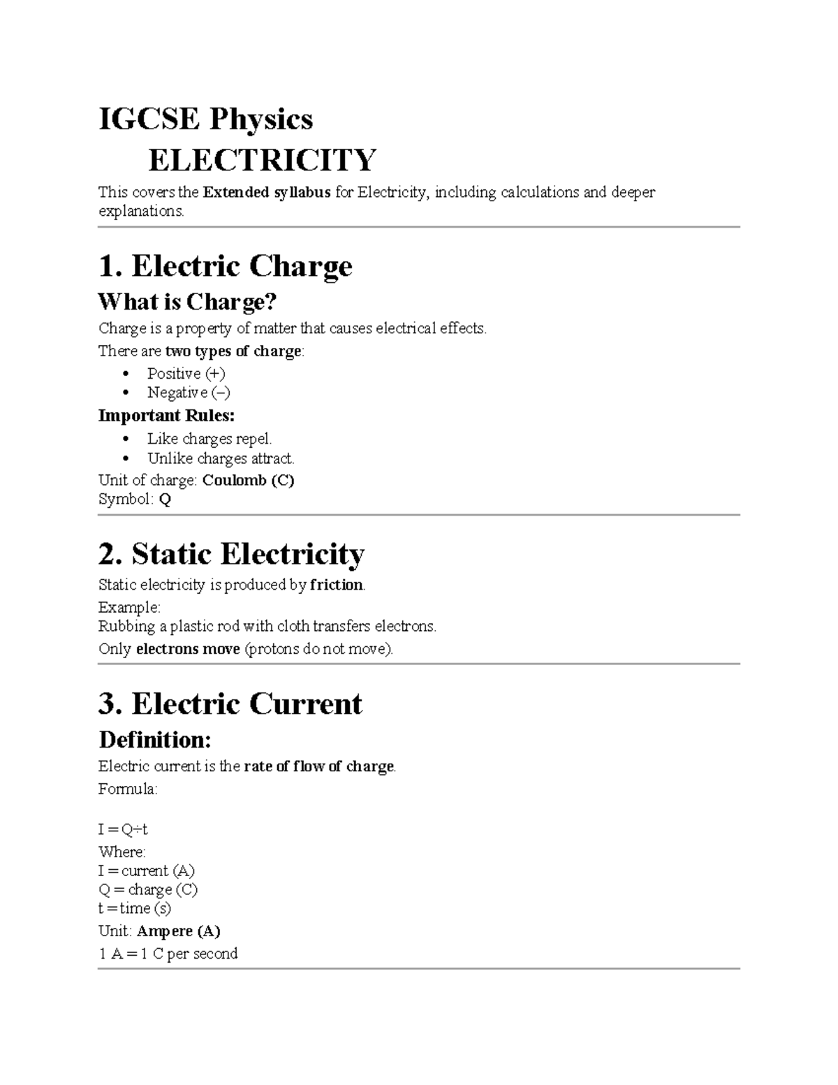 IGCSE Physics: Extended Notes on Electricity Concepts - Studocu
