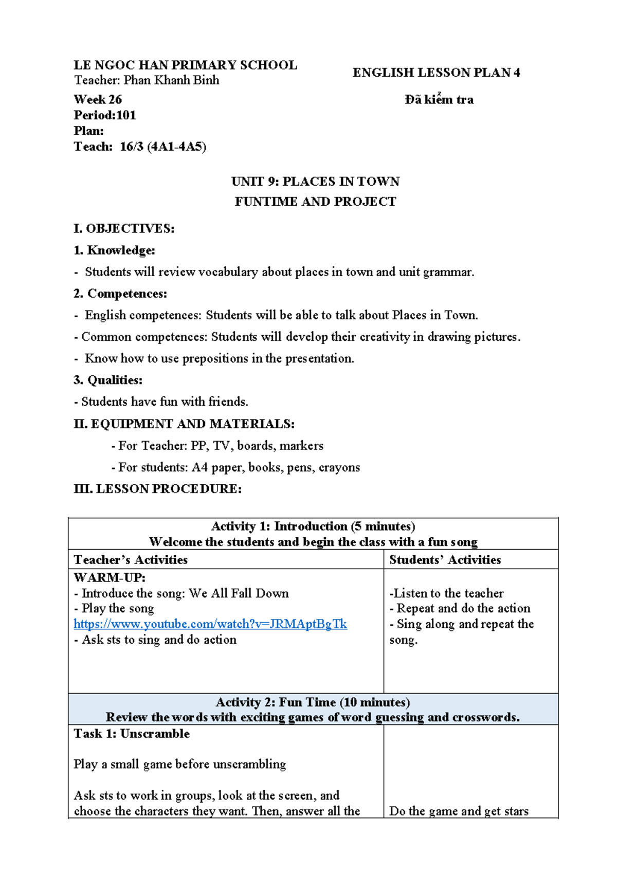 ENGLISH LESSON PLAN 101: UNIT 9 - PLACES IN TOWN Activities - Studocu