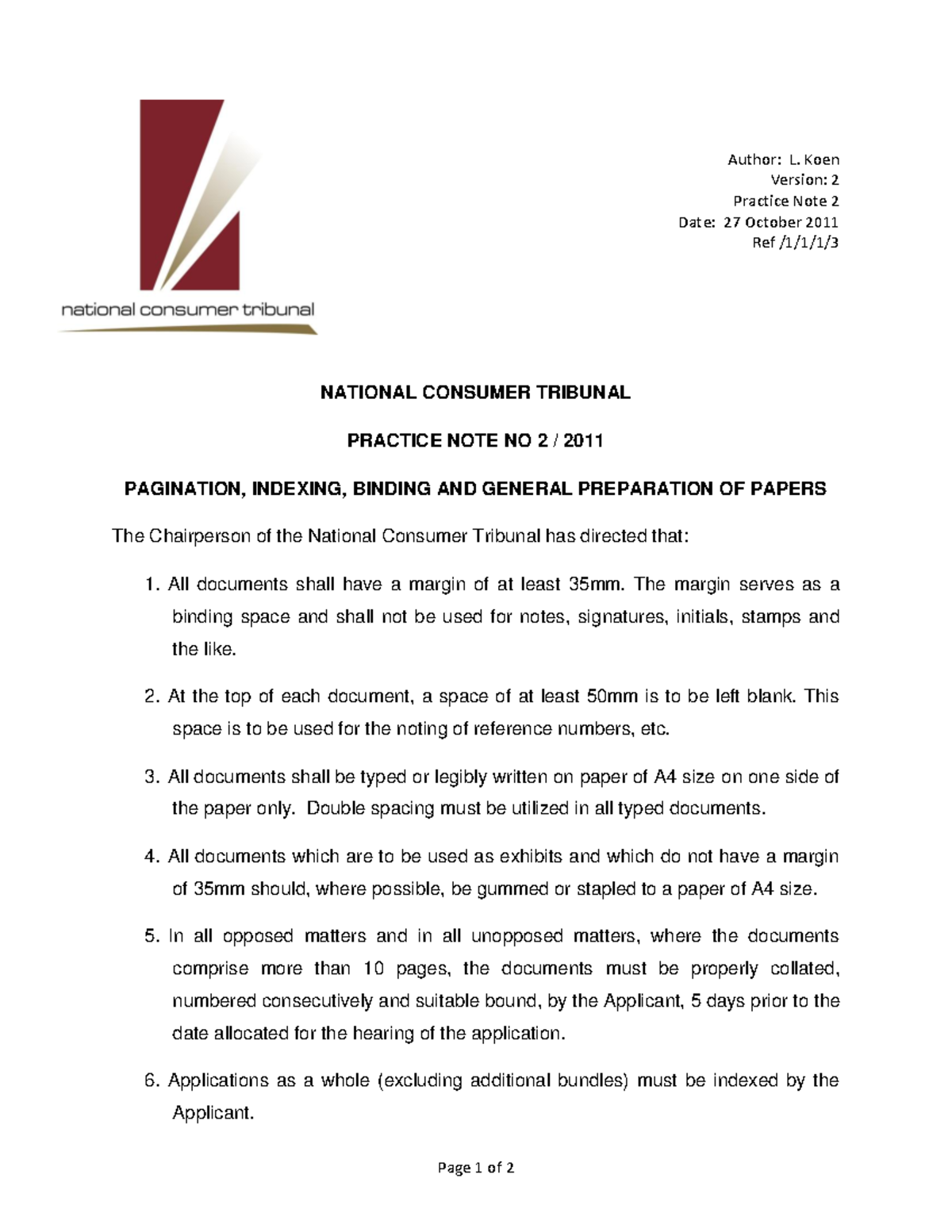NCT Practice Note No. 2: Pagination, Indexing & Binding Guide - Studocu