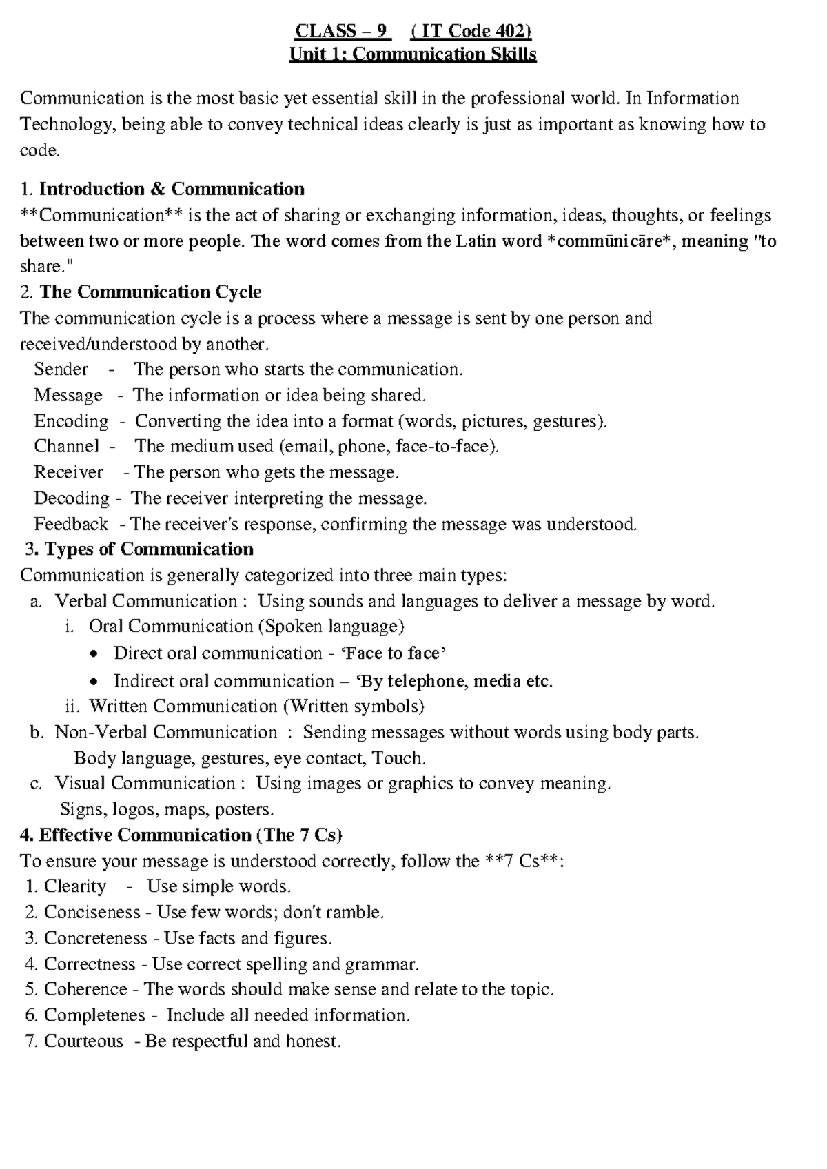 CLASS 9 (IT Code 402) Unit 1: Essential Communication Skills - Studocu