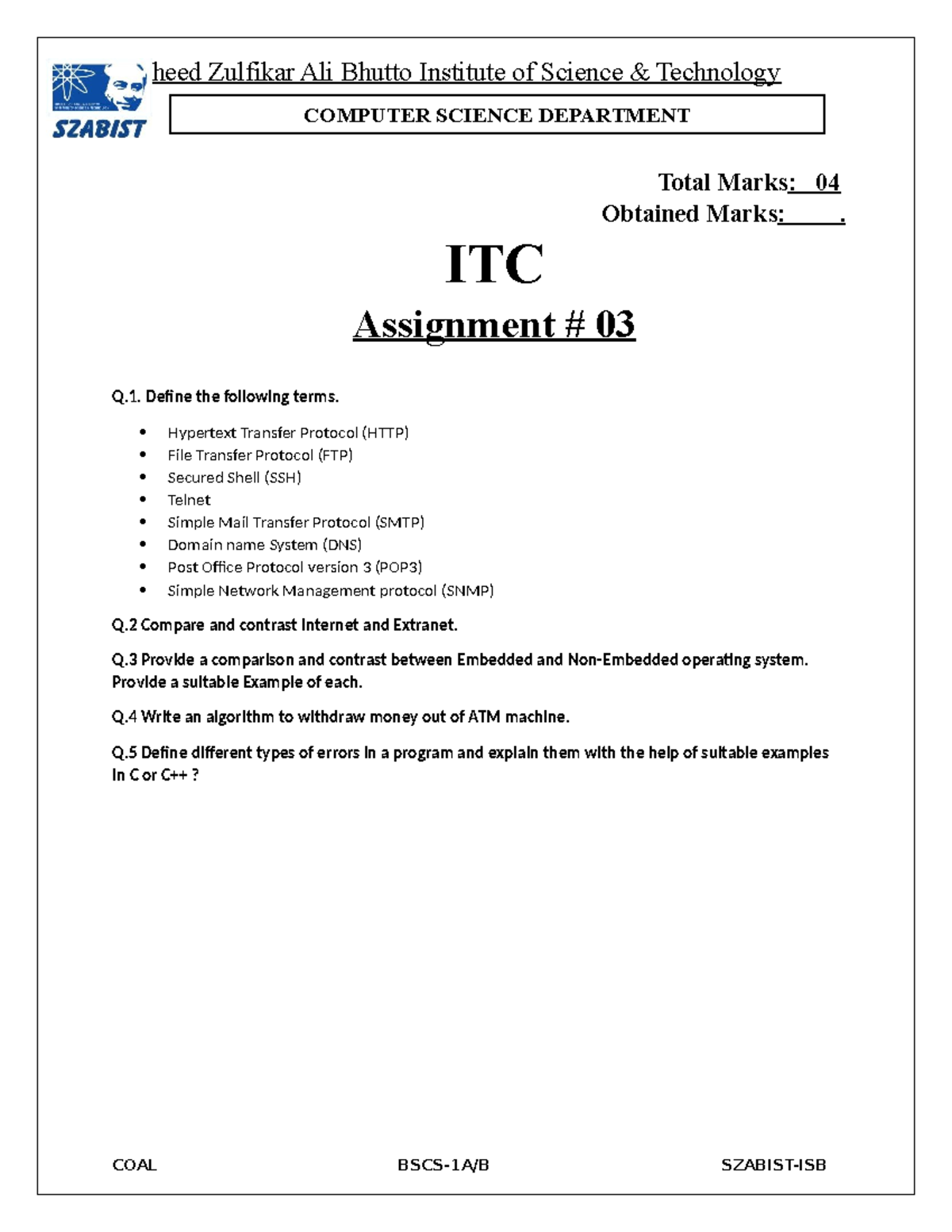 Assignment 3 - with solution ITC - COMPUTER SCIENCE DEPARTMENT Total ...