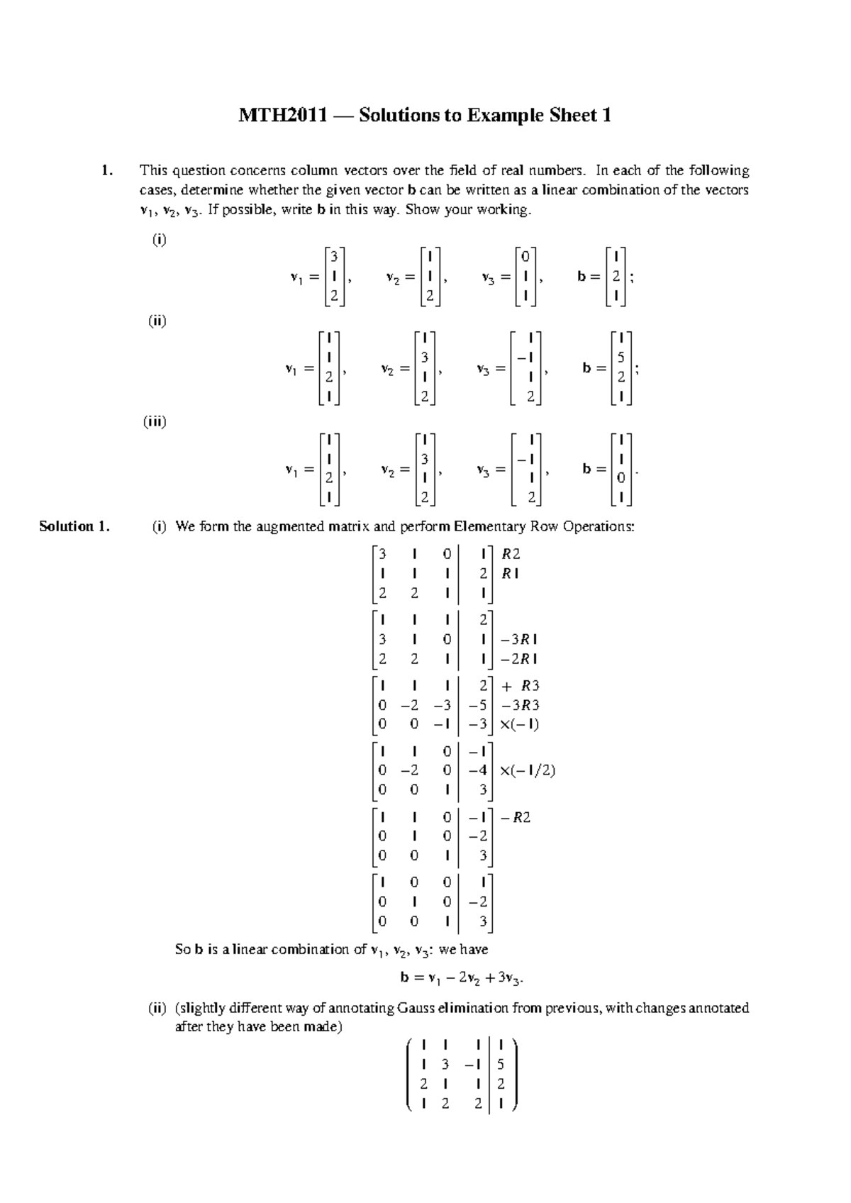 MTH2011 Linear Algebra Solutions to Example Sheet 1 - Studocu