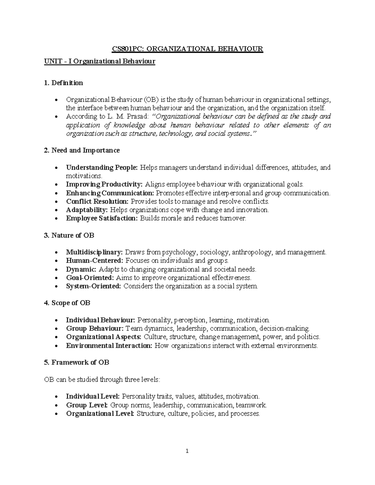 CS801PC: Final Exam Notes on Organizational Behaviour - Unit I - Document Preview