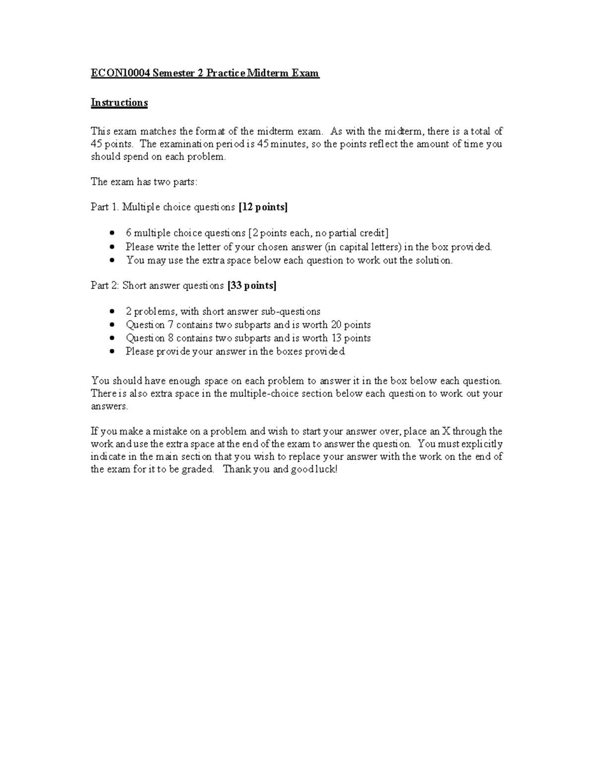 ECON10004 Sample Midterm Exam Practice 2024 Semester 2 - Document Preview