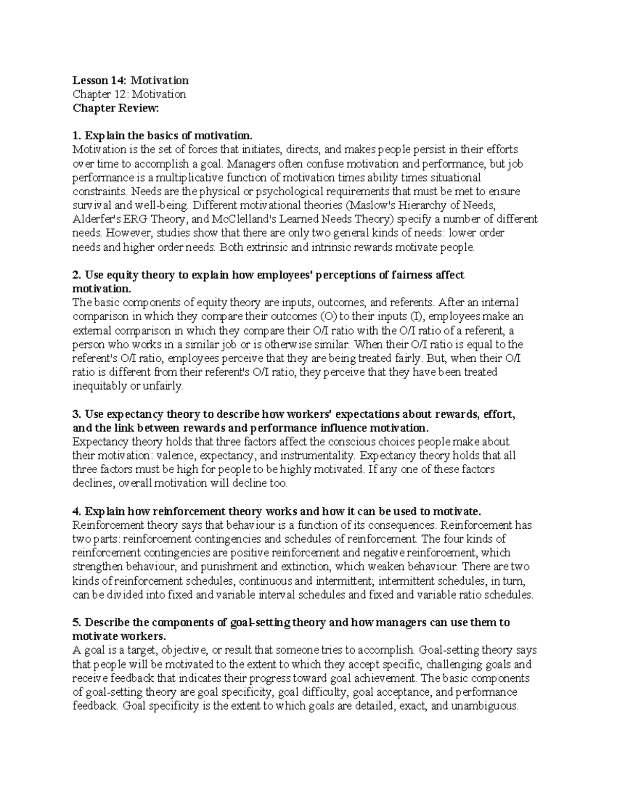 Lesson 14 Review: Motivation Theories in ADMN232 - Studocu