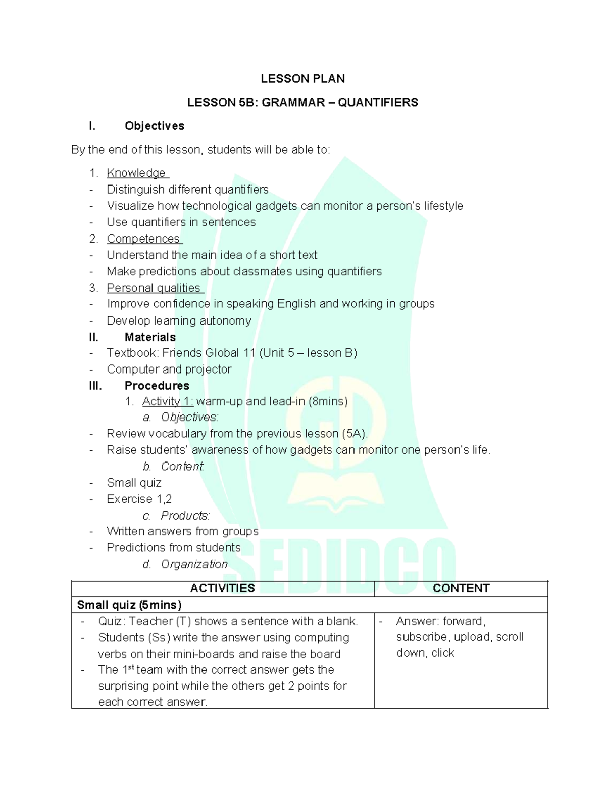 Lesson Plan: Unit 5B - Grammar Quantifiers Activities - Studocu