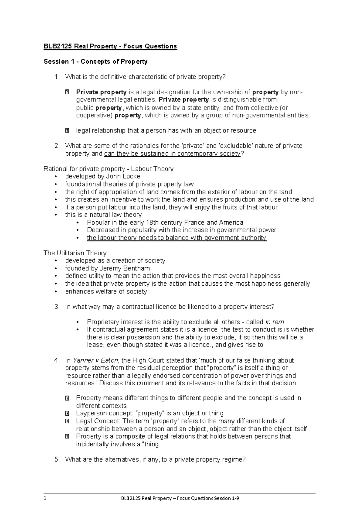 BLB2125 Real Property Focus Questions: Sessions 1-9 Summary - Studocu