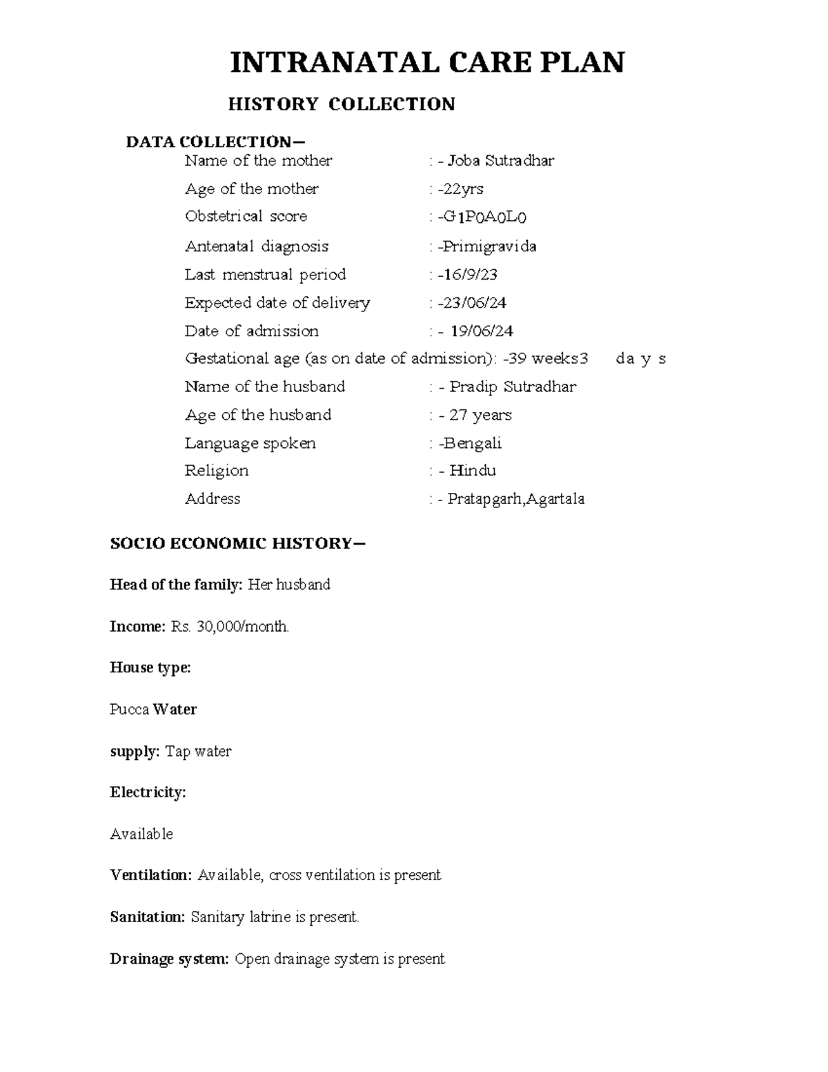 Intranatal Care Plan: History Collection & Patient Assessment ...