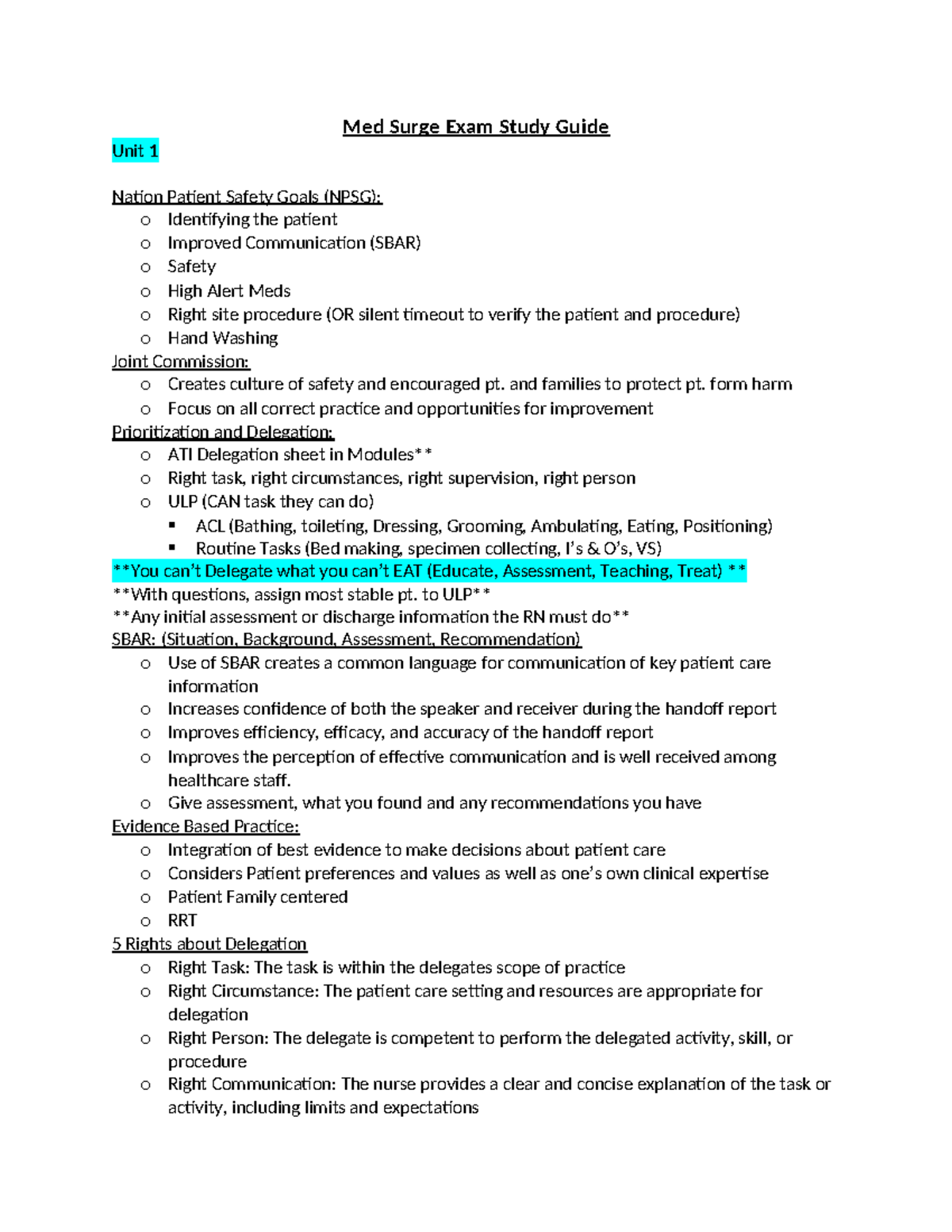 Unit 1 Med Surge Exam Study Guide: Key Patient Safety Goals & Practices ...