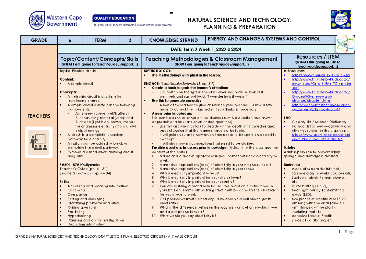 Lesson Plan: Gr. 6 NATURAL SCIENCES & TECH - Electric Circuits T3 W1 ...