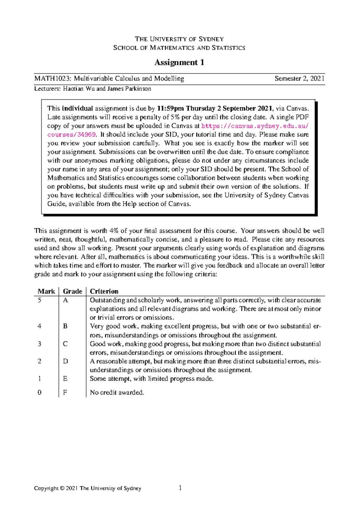 MATH1023: Multivariable Calculus - Assignment 1 Guidelines - Studocu