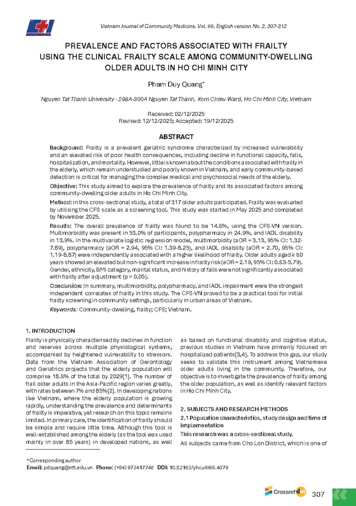 Prevalence and Factors of Frailty in Older Adults: A Study in Ho Chi ...