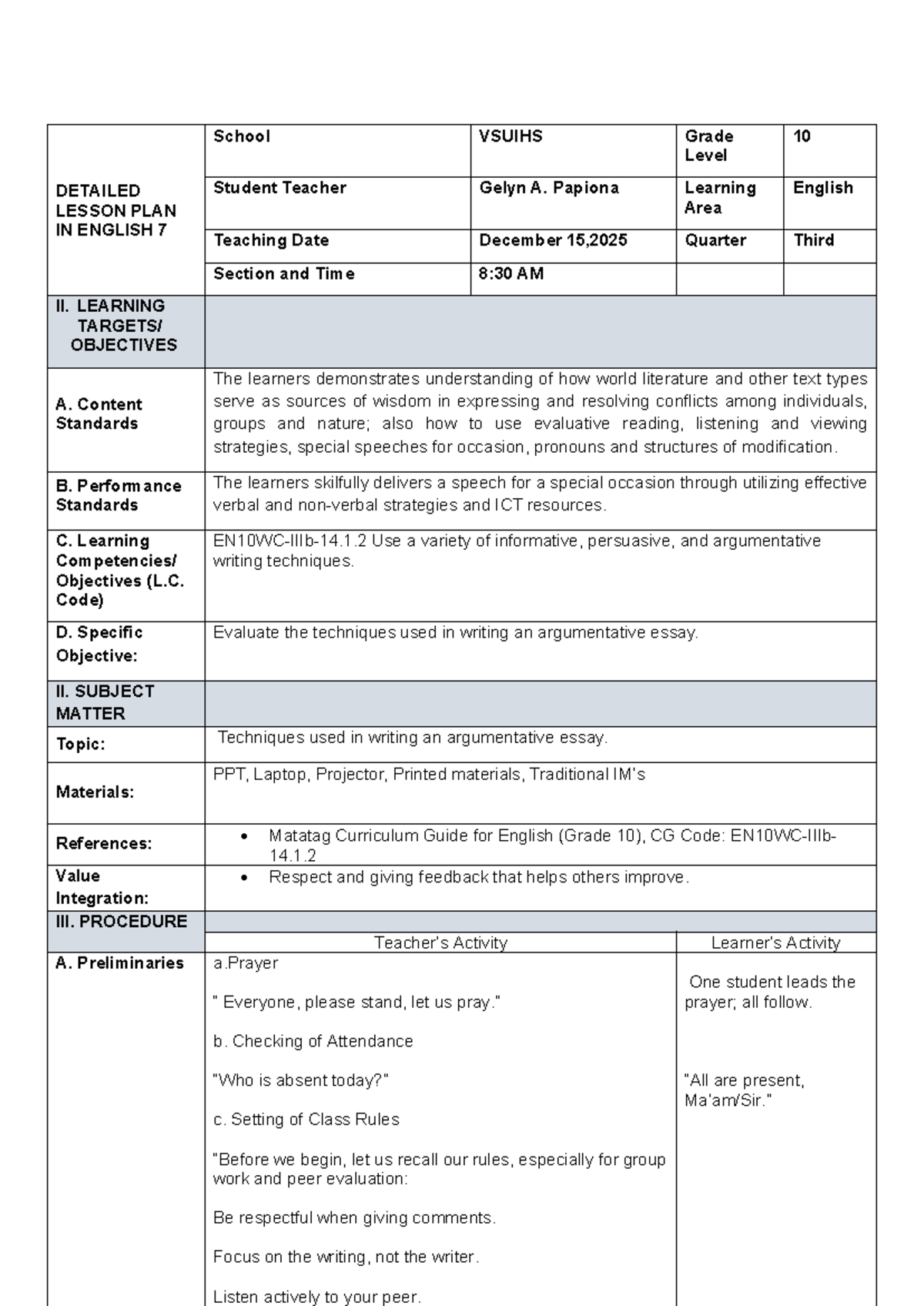 Detailed Lesson Plan: Writing Argumentative Essays (ENG 7) - Studocu