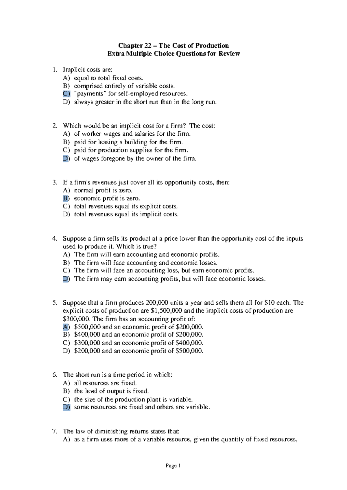 CH22 homework about micro - Chapter 22 – The Cost of Production Extra ...