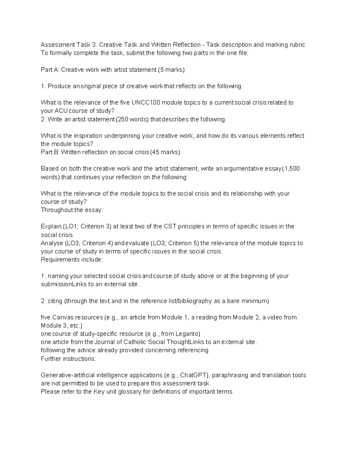 UNCC100 Assessment Task 3: Creative Work & Reflection Rubric Guide ...