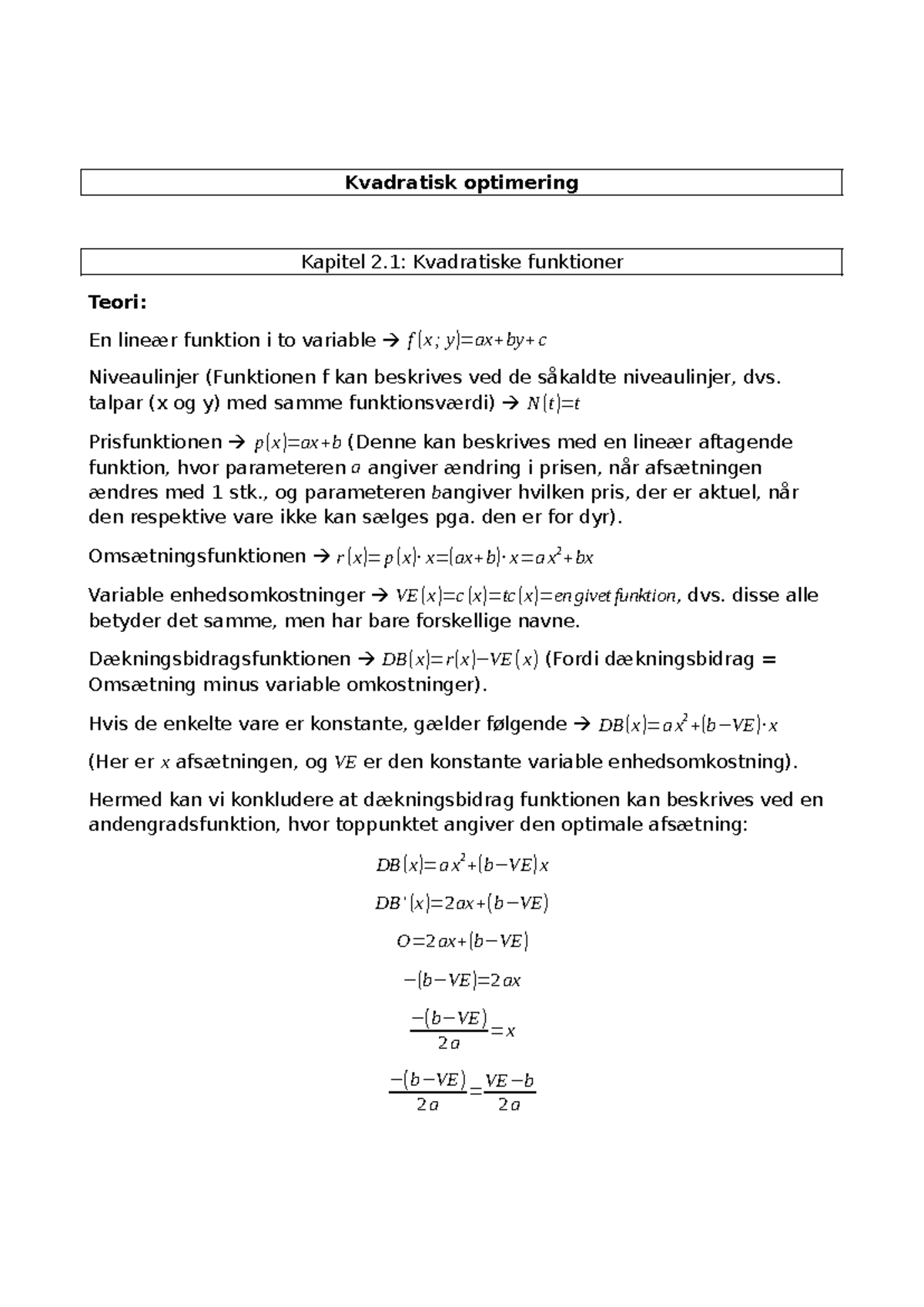Matematik 3G - Kapitel 2.1: Kvadratiske Funktioner og Teori - Studocu