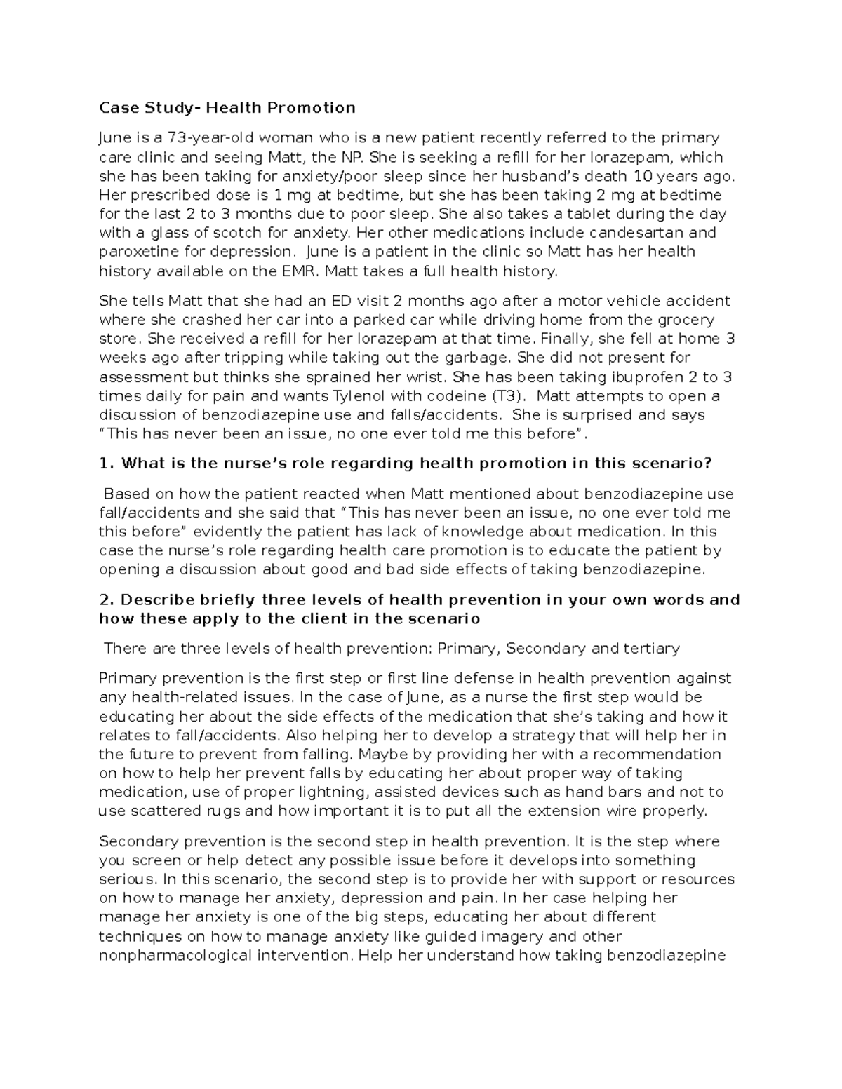 Case Study - Health Promotion for Patient June (73) Analysis - Studocu