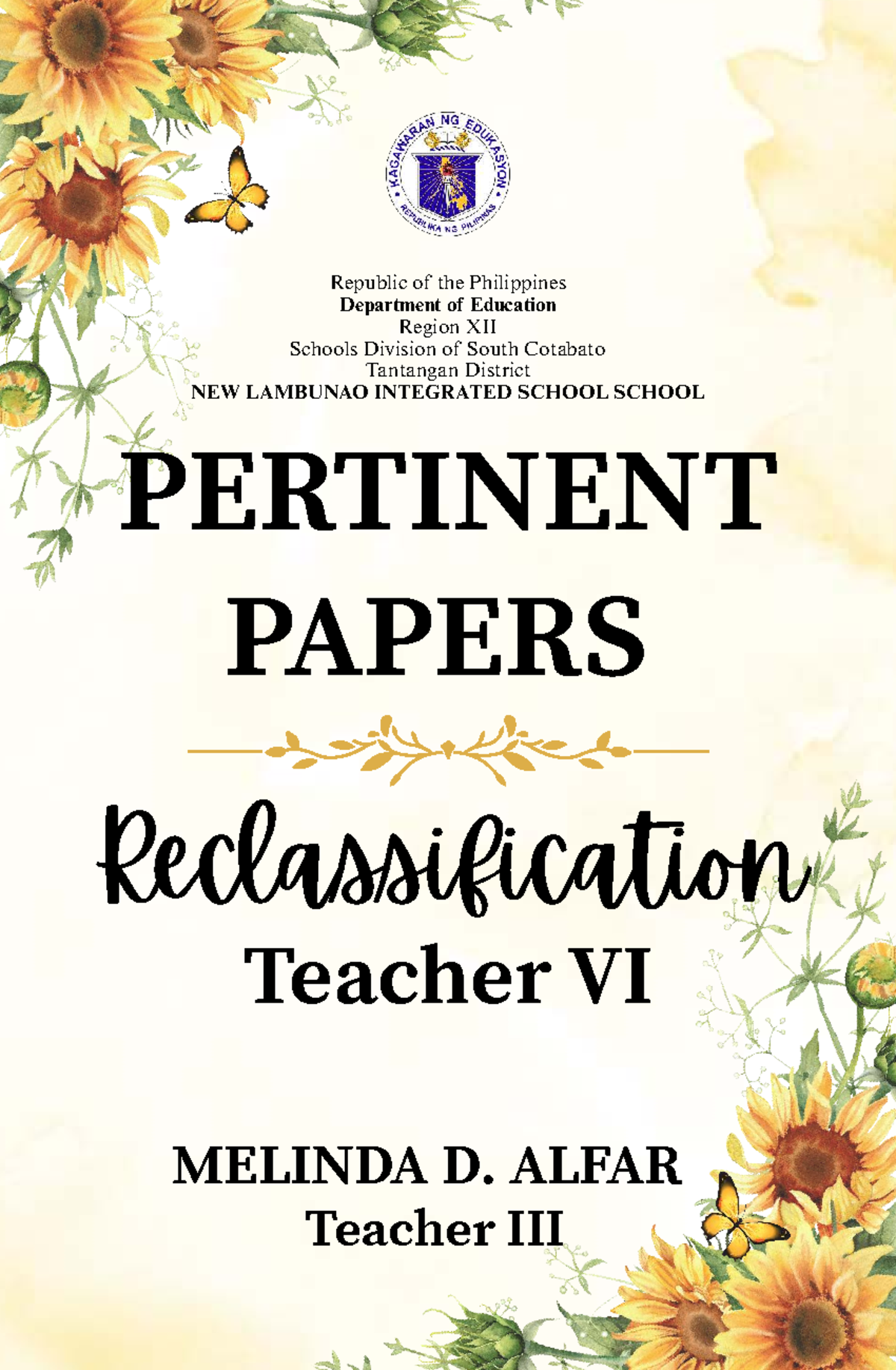 Reclassification Portfolio for Teacher VI Melinda D. Alfar - Studocu