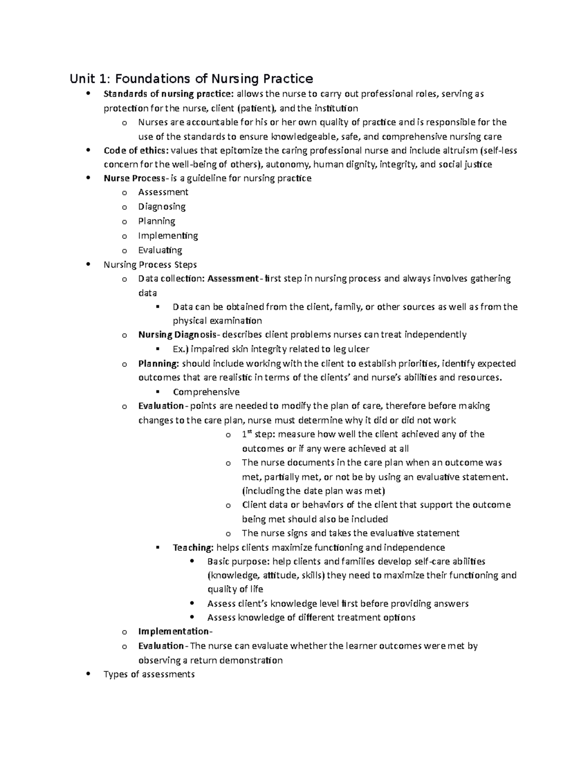 Exam 1 review - notes - Unit 1: Foundations of Nursing Practice ...