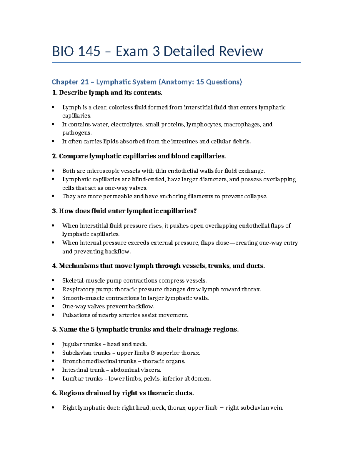 BIO 145 Exam 3 Comprehensive Review: Lymphatic & Respiratory Systems ...
