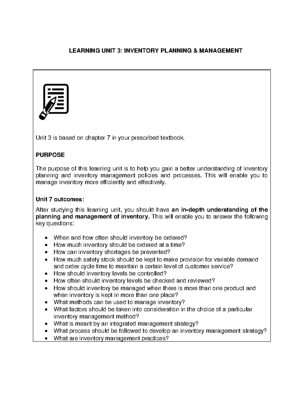 TRL3707: Learning Unit 3 - Inventory Planning Management Overview - Studocu
