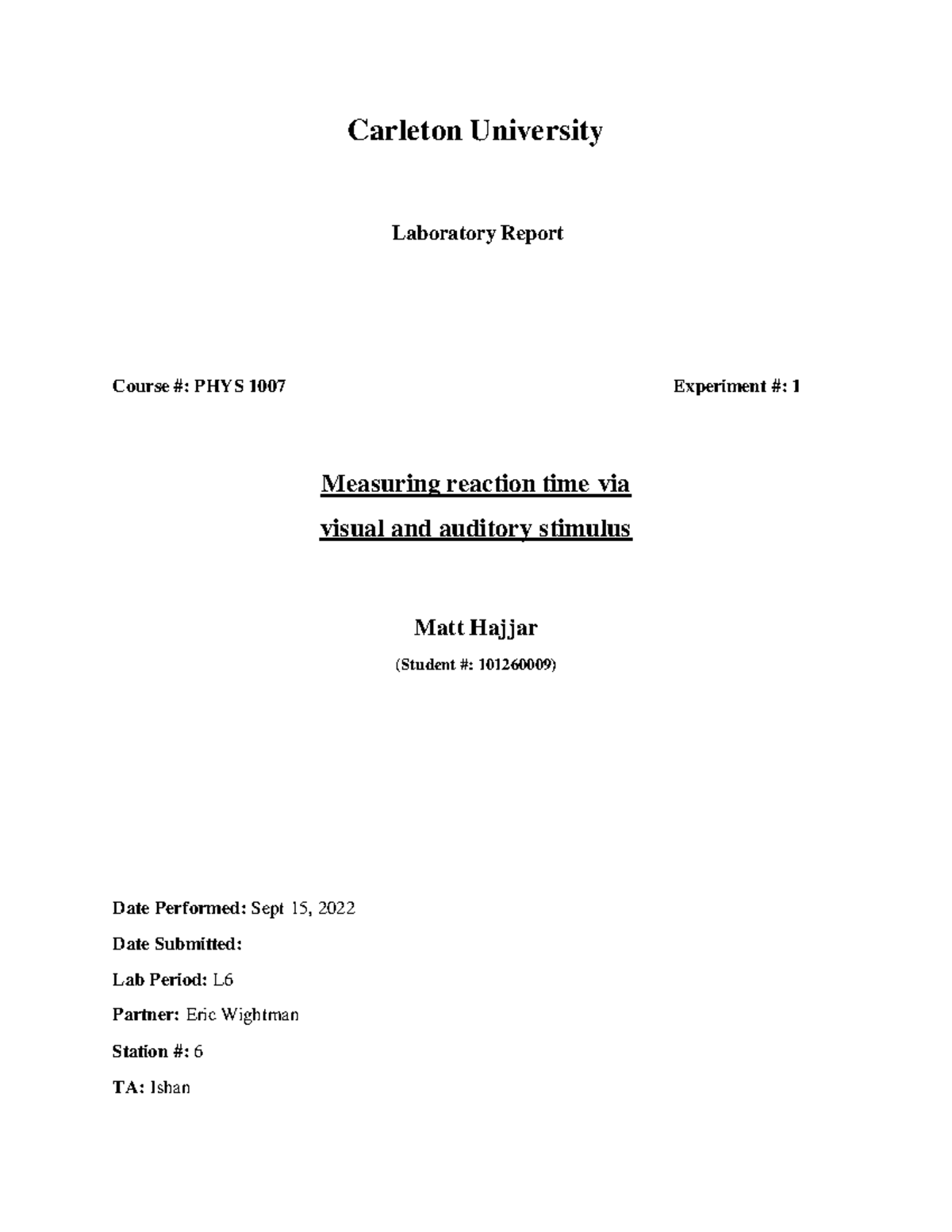PHYS 1007 Lab Report: Measuring Reaction Time with Stimuli - Studocu