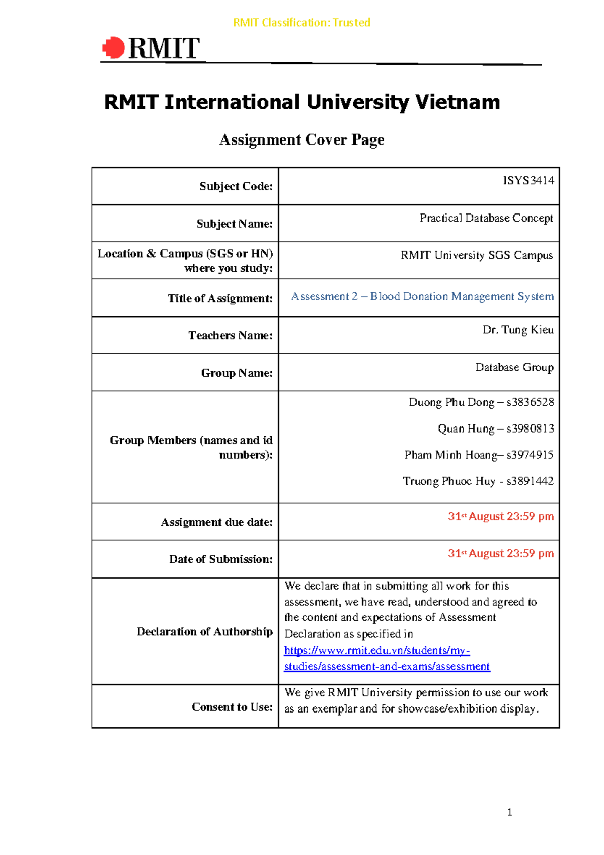 ISYS3414 Database Group Assessment 2 Report - RMIT International ...