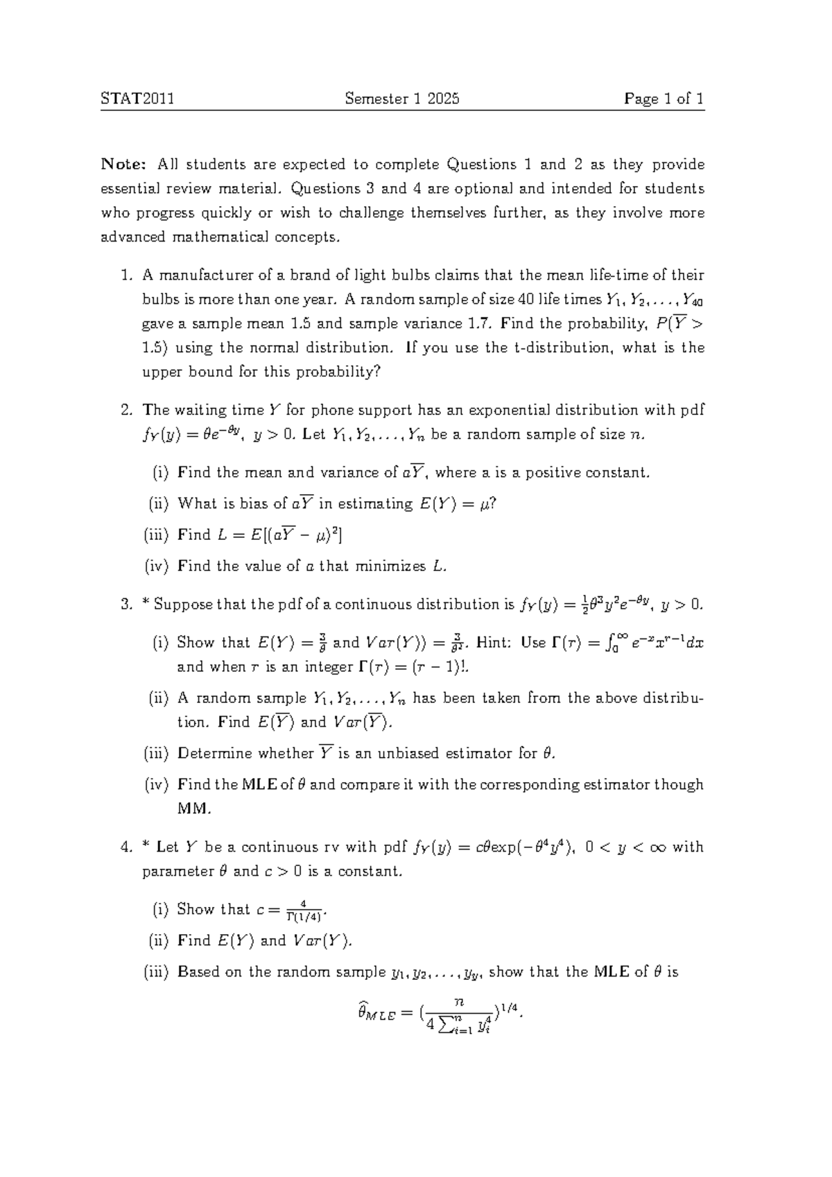 STAT2011 Semester 1 2025 Statistics Review: Essential Questions ...