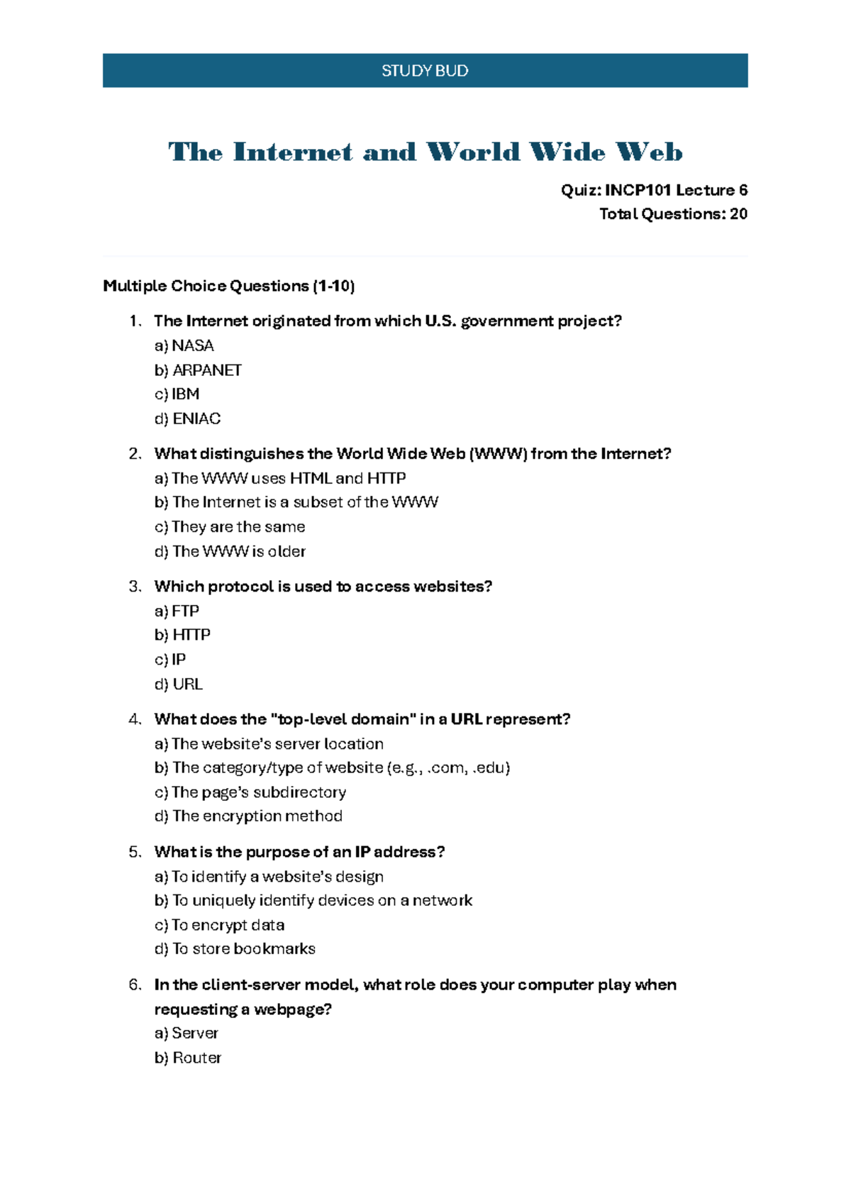 INCP101 Lecture 6 Quiz: The Internet and World Wide Web Insights - Document Preview