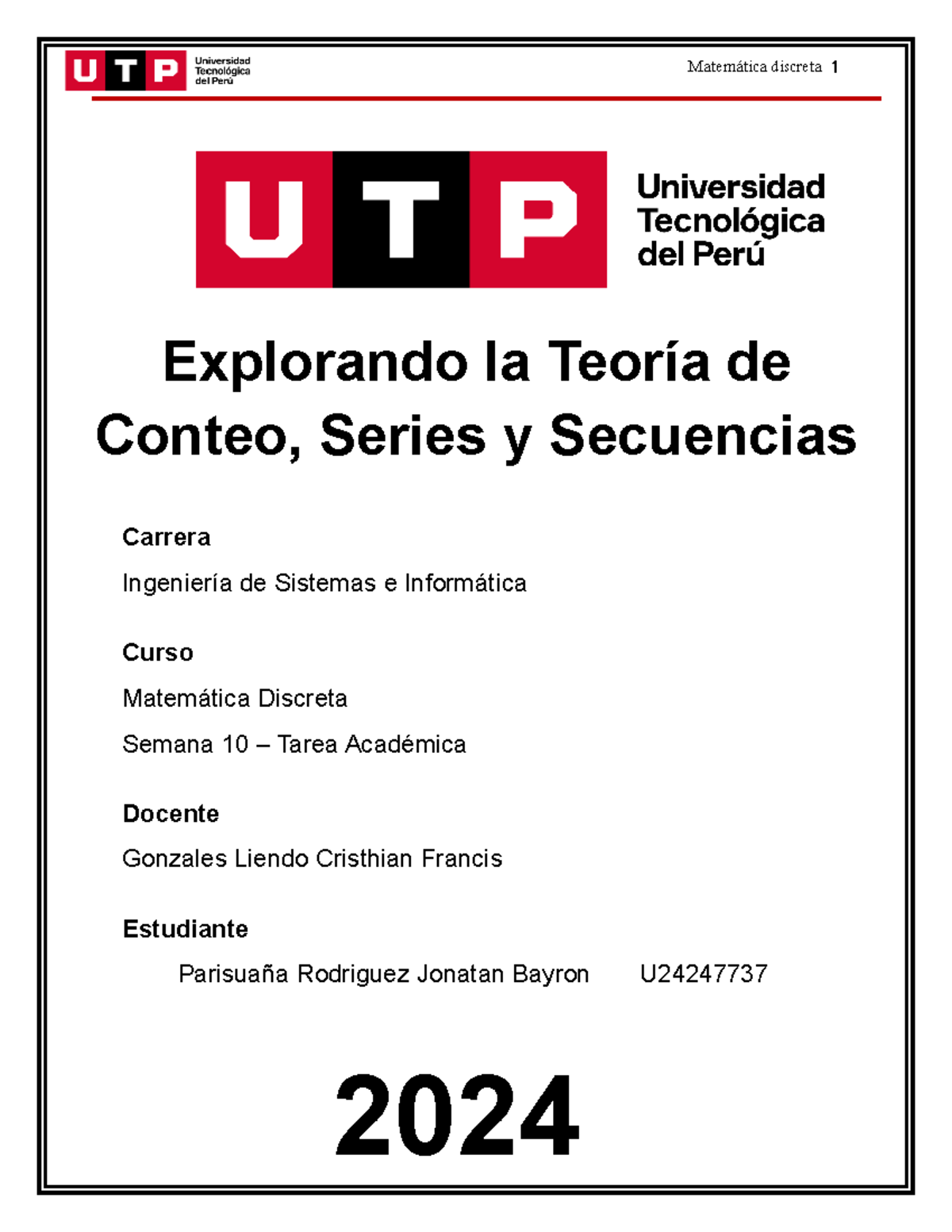 Tarea Académica 2: Teoría de Conteo y Secuencias en Matemática Discreta - Document Preview