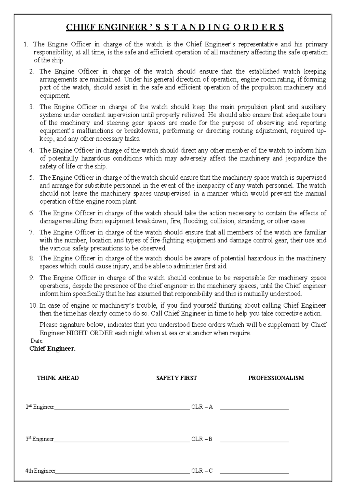 CHIEF ENGINEER NIGHT ORDERS: Safety & Operations Guidelines - Studocu
