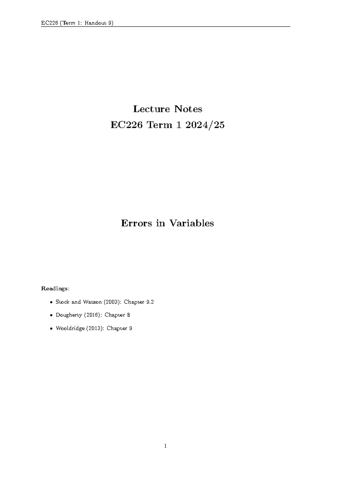 Handout 08 Measurement Errors - EC226 (Term 1: Handout 9) Lecture Notes ...