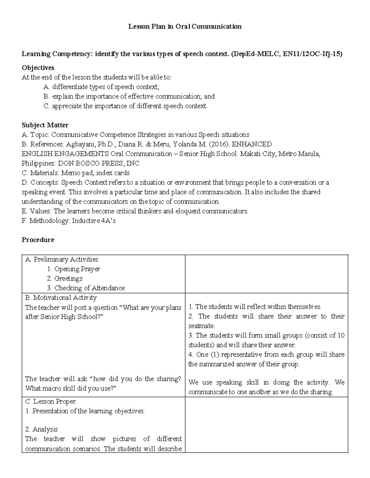 Detailed Lesson Plan in Oral Communication: Types of Speech Contexts ...