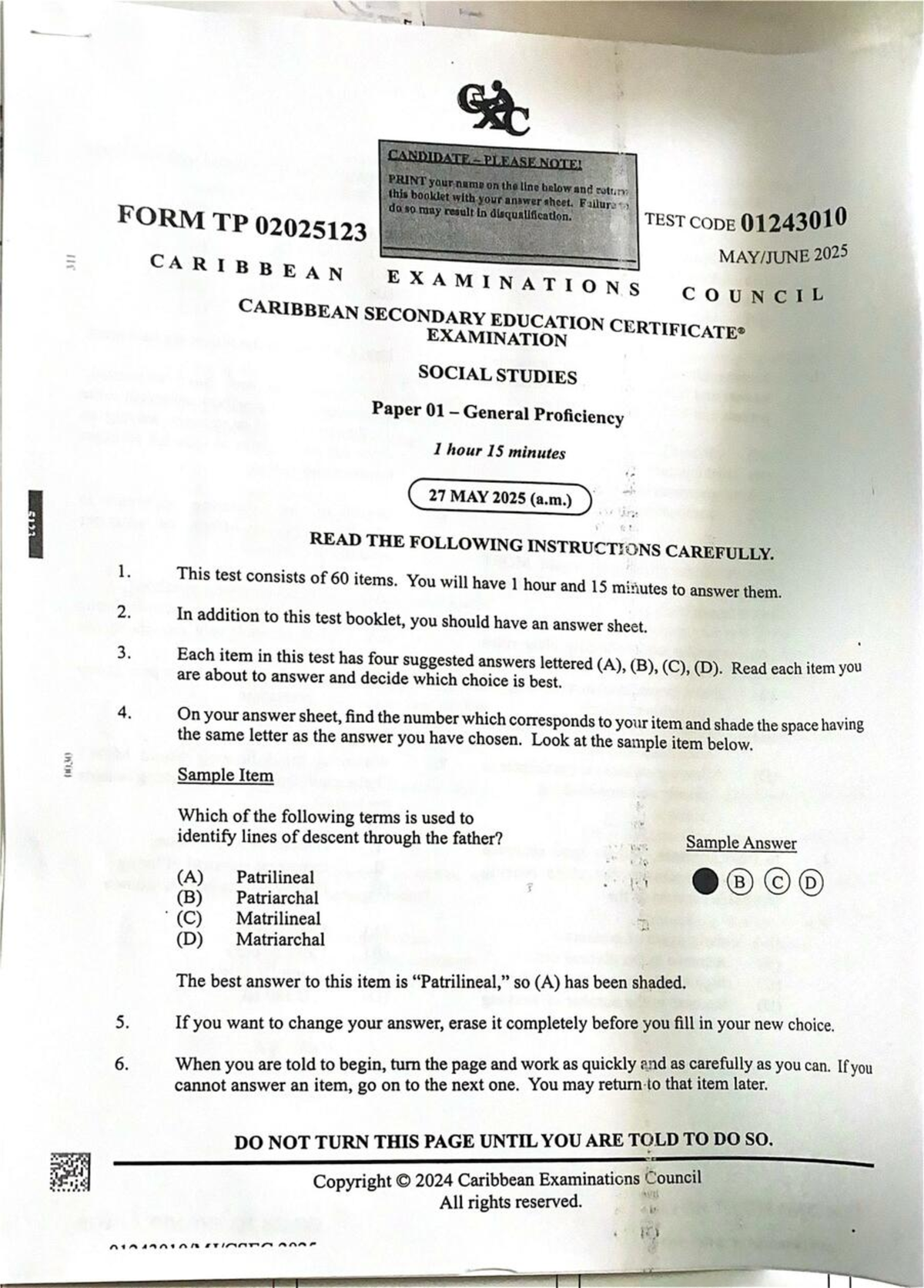 CSEC Social Studies Paper 01 Instructions and Sample Items 2025 - Studocu