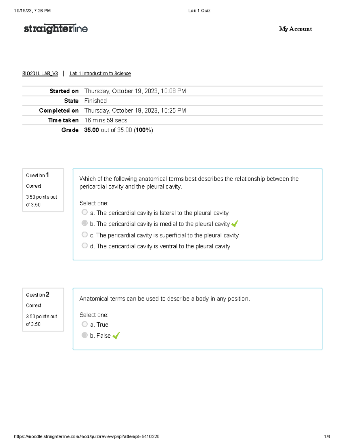 Lab 1 Quiz - BIO201L A&P Overview and Answers - Studocu