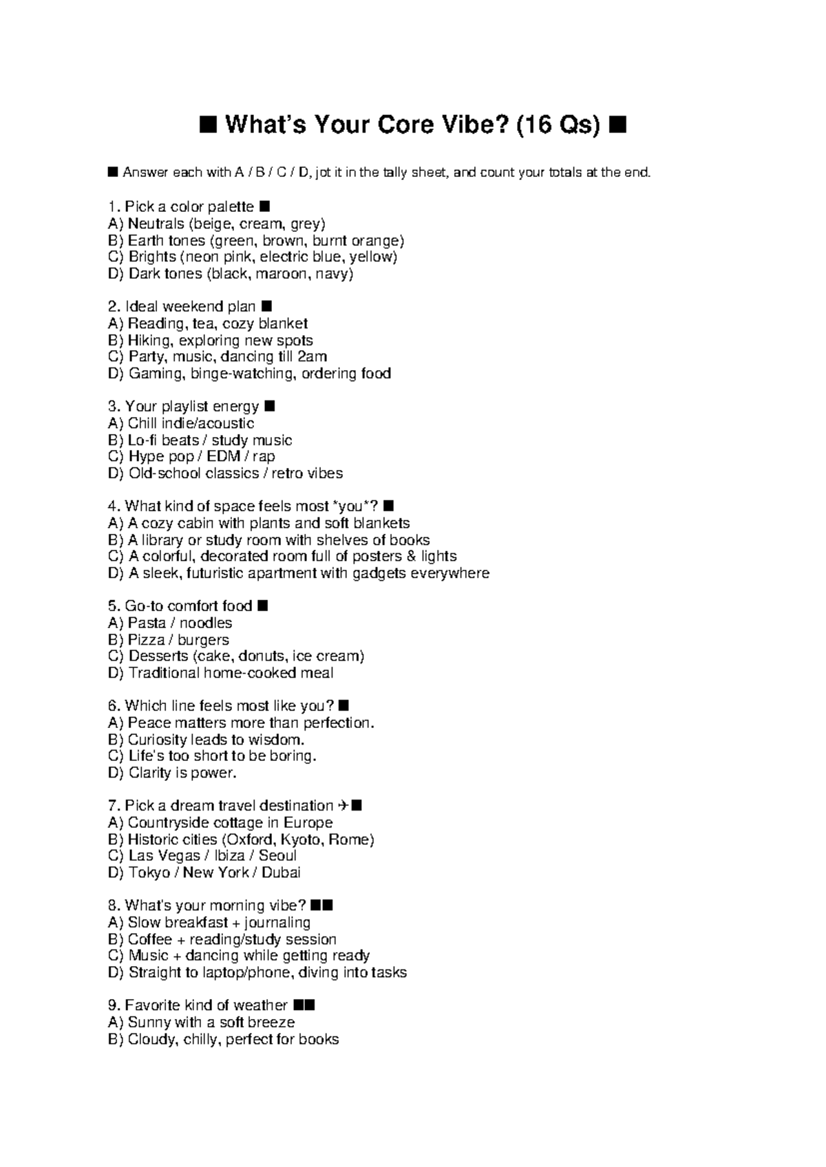 Core Vibe Quiz (16 Qs) - Fun Activity to Do with Friends - Studocu