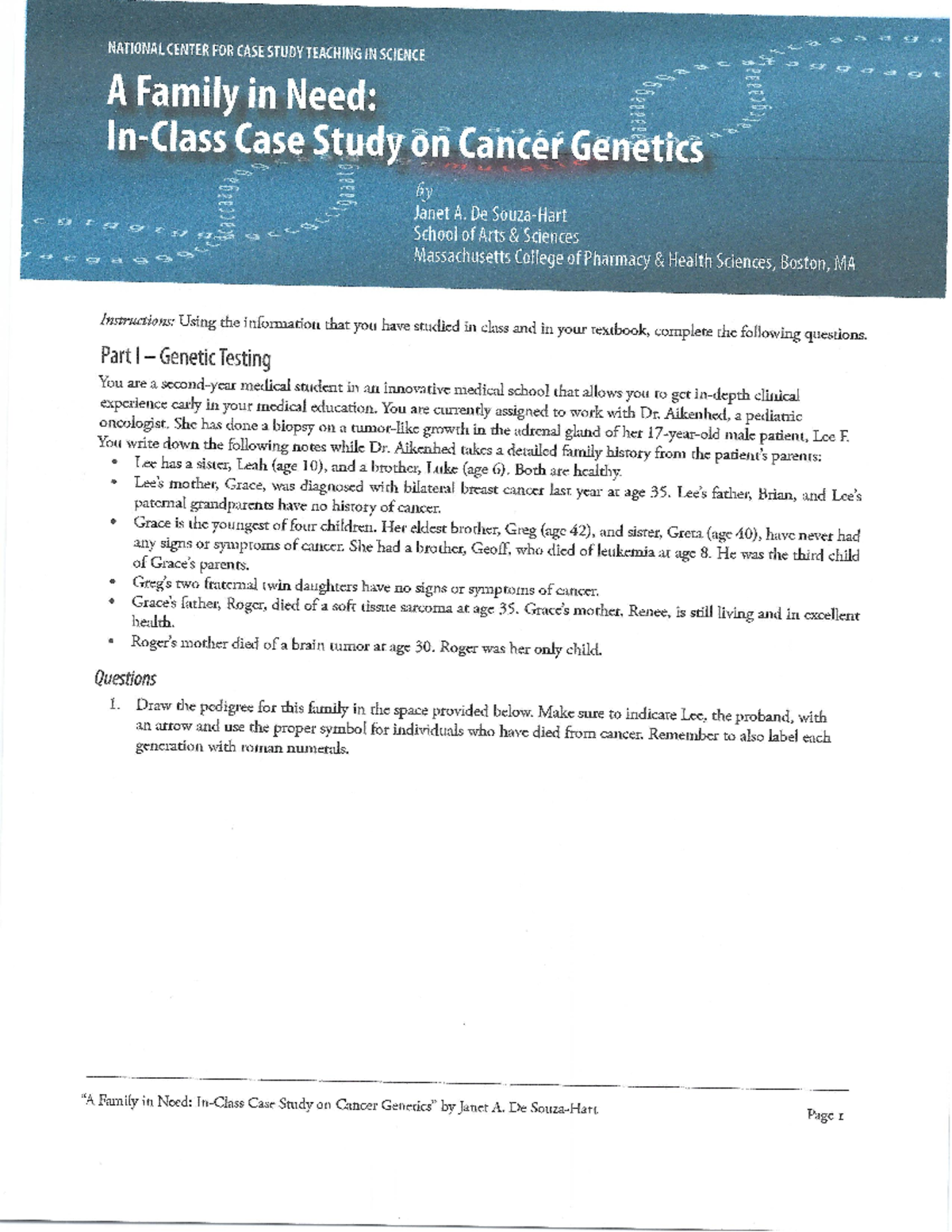 A Family in Need Case study on Cancer Genetics 1 - De School of Arts ...
