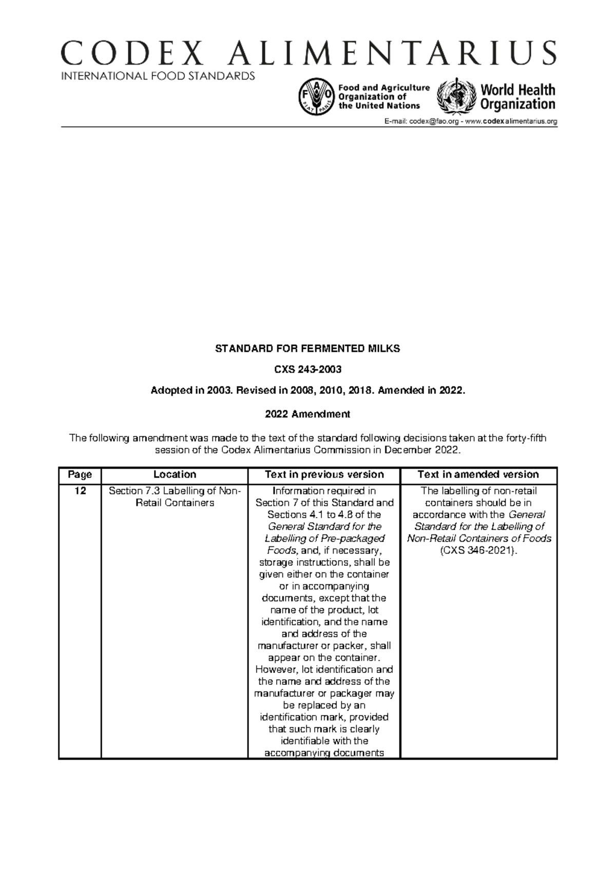 Codex CXS 243- Fermented Milk Standard Amendments and Scope - Studocu