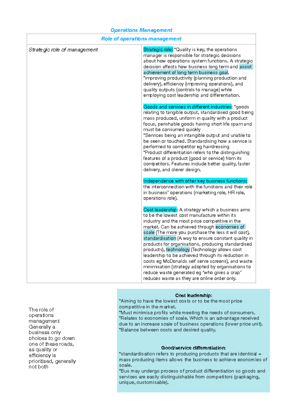 Business Studies HSC notes operations - Operations Management Role of ...