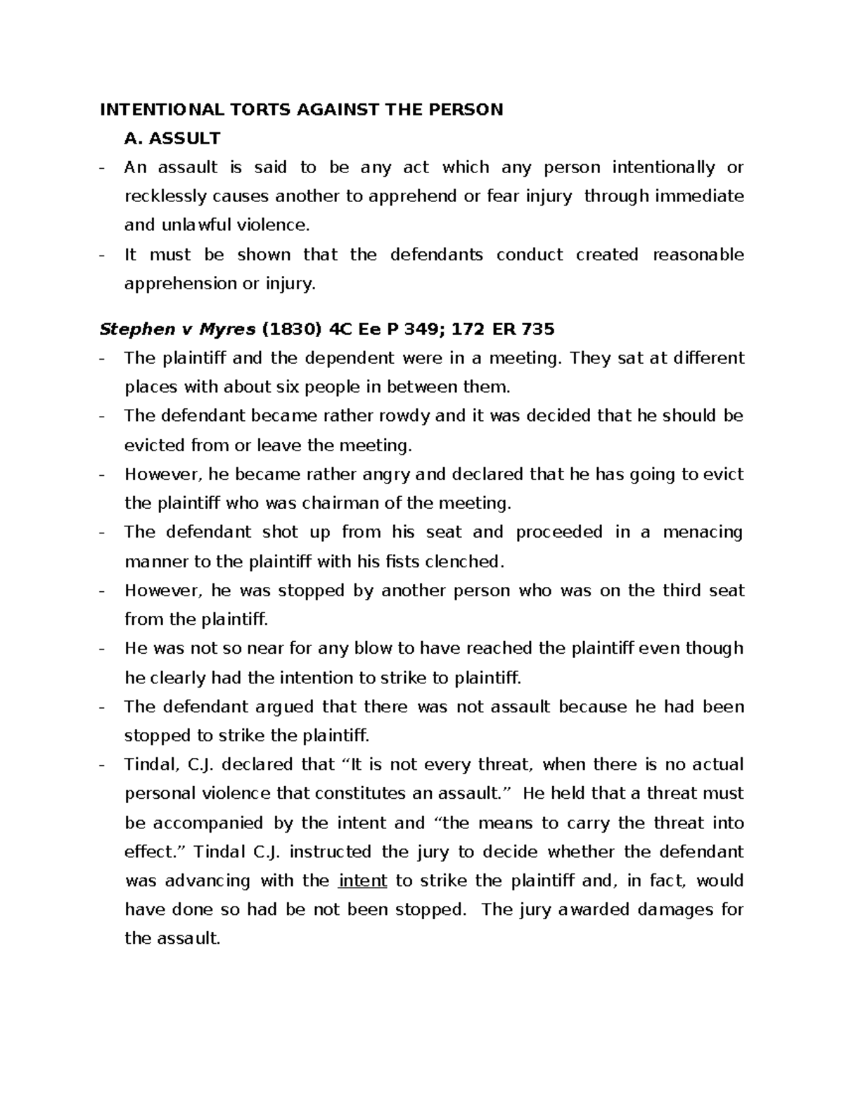 INT 101: Final Exam Notes on Intentional Torts Against the Person - Studocu
