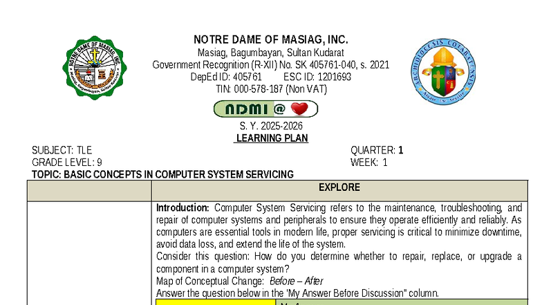 TLE 9 Learning Plan: Basic Concepts in Computer System Servicing - Studocu