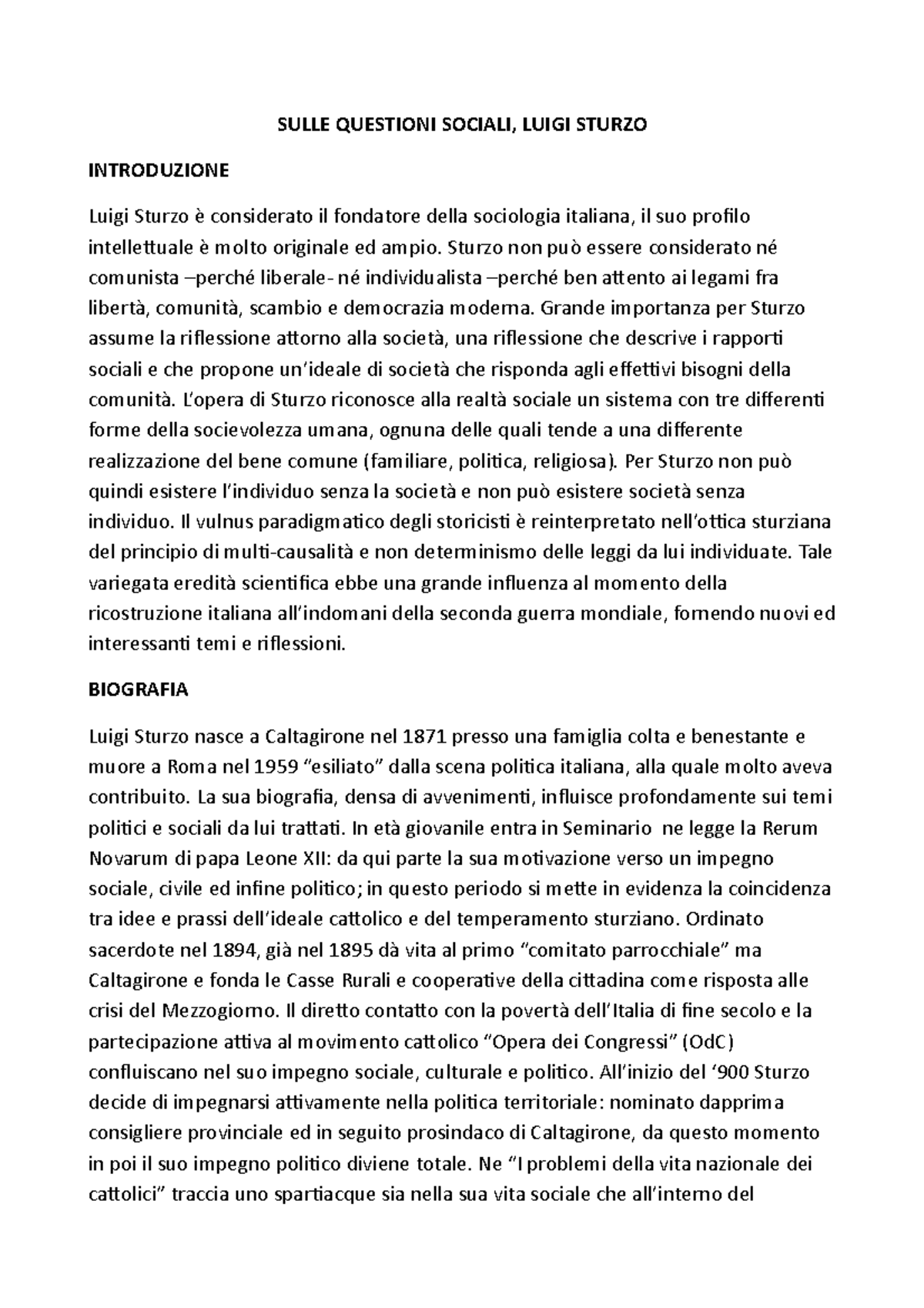Riassunto su Sulle Questioni Sociali di Luigi Sturzo - Studocu
