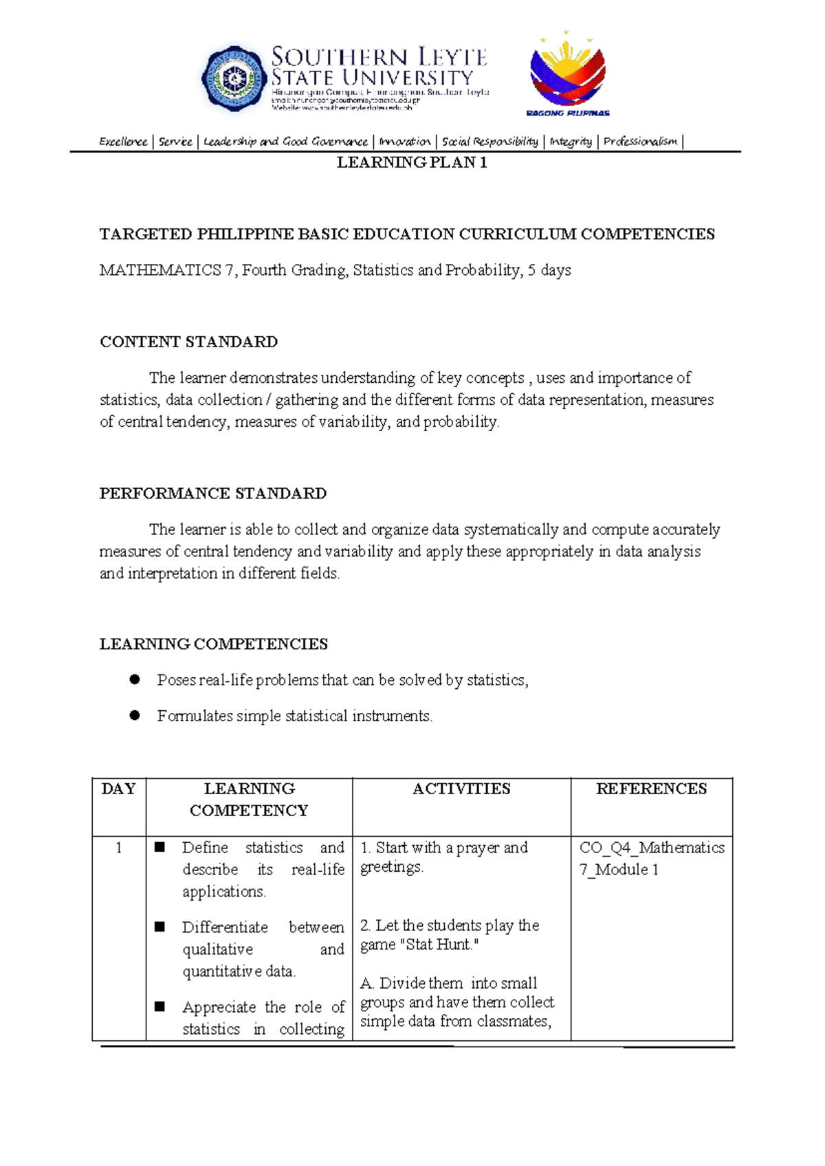 Learning Plan 1: Excellence in Statistics & Data Collection for Math 7 ...