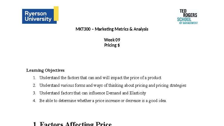 MKT300 Week 09 Pricing Strategies and Demand Analysis - Studocu